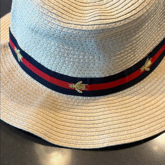 Authentic Gucci Bee-Embellished Woven Panama Hat with striped ribbon band UNISEX - Picture 5 of 7